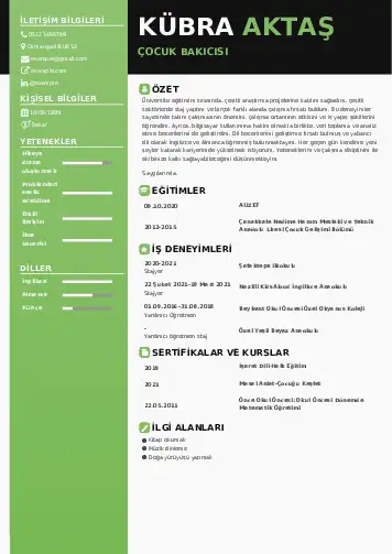 Çocuk Bakıcısı CV Örnekleri cv indir